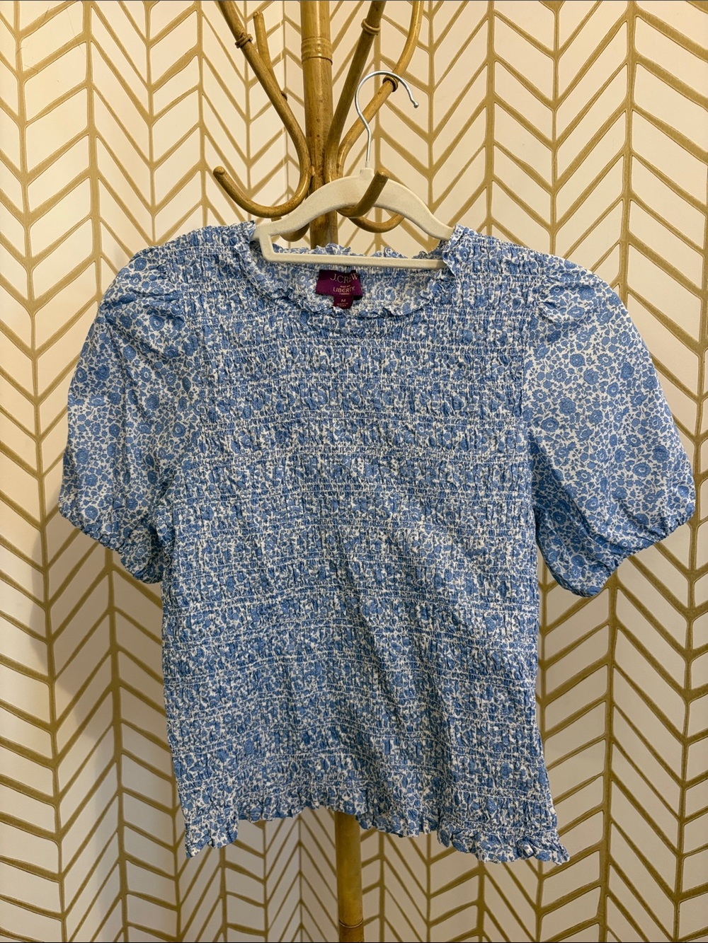 J. Crew Light Blue Floral Smocked Puff-Sleeve Blouse
